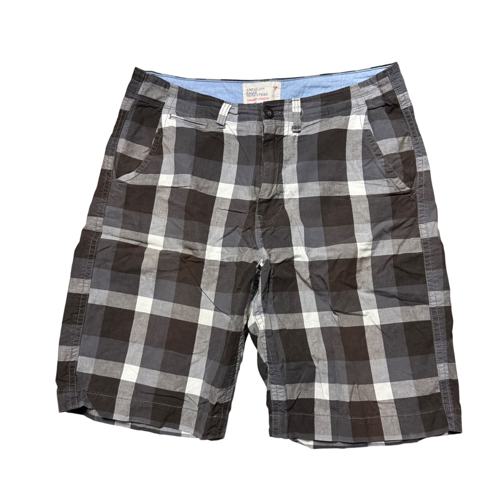 American Eagle‎ Mens Plaid Longer Length Shorts Grey Charcoal White Size 36